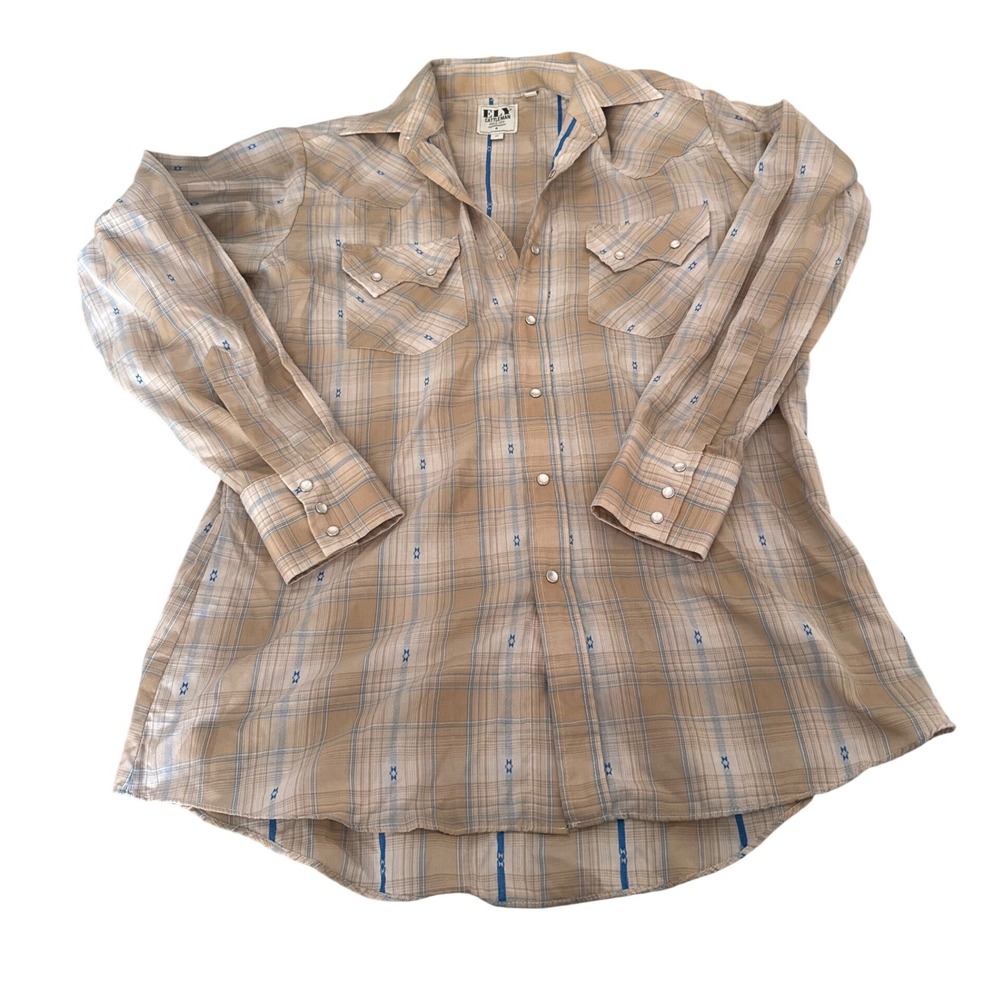 Ely Cattleman Men's M Tan Blue Plaid Western Pearl Snap Shirt Long Sleeve